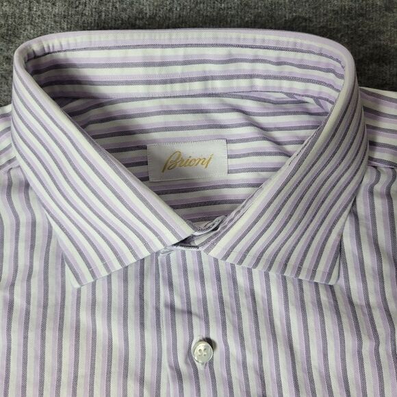 Brioni Men's Dress Formal Shirt Size L White And Purple Stripe French Cuff Grea - Picture 3 of 9